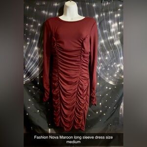 Fashion Nova Burgundy Long Sleeve Dress